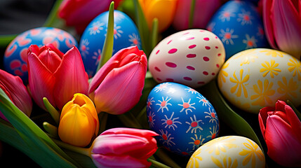  Colorful Easter eggs and tulips in a wicker basket