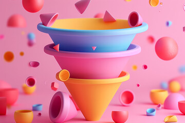 Poster - The bowls are in different colors and sizes, and there are many small balls scattered around them. of a digital marketing funnel, promoting a free skill of building a funnel which produces sales