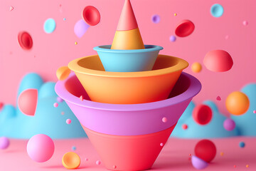 Poster - The bowls are in different colors and sizes, and there are many small balls scattered around them. of a digital marketing funnel, promoting a free skill of building a funnel which produces sales