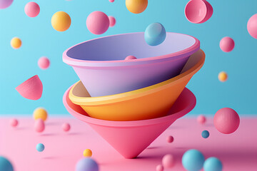 Poster - The bowls are in different colors and sizes, and there are many small balls scattered around them. of a digital marketing funnel, promoting a free skill of building a funnel which produces sales