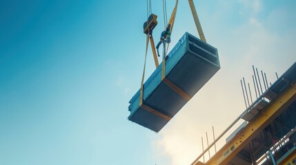 A construction crane lifting steel beams into place. 