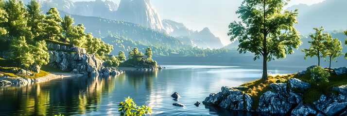 Wall Mural - Serene morning at a mountain lake, a misty embrace of natures tranquility in the heart of the wilderness