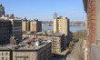 Cityscape in spring. West 106th Street and Hudson River in New York City
