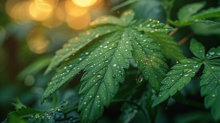 Wall Mural - Fresh green leaves with dew drops at dawn