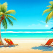 Illustration of a beautiful sandy beach with green palm trees, deckchairs and a sun-drenched ocean view. Blue sky.