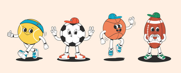 Wall Mural - Tennis, basketball, football and rugby balls in groovy style. Characters from the 30s. Funny colorful illustration in hippie style.