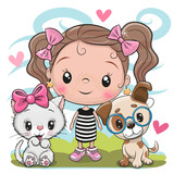 Fototapeta Pokój dzieciecy - Cartoon Girl with cat and dog