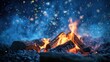 A close-up of a crackling campfire surrounded by logs and glowing embers, with stars shining in the night sky. 