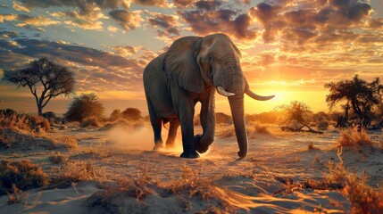 Wall Mural - African elephant walking at sunset in the savanna