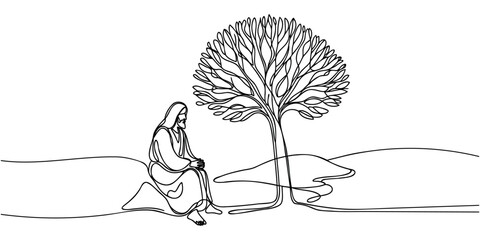 One solid line depicts Jesus Christ sitting under a tree. Isolated outline on a white background. Vector illustration.