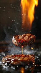 Wall Mural - Grilled steak with fiery flare-up