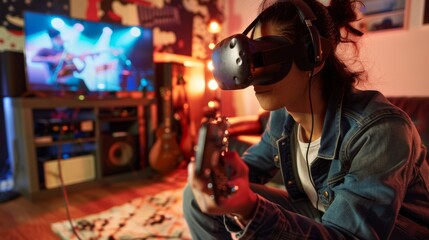Poster - Woman Wearing Virtual Reality Headset Playing Video Game