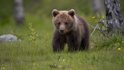 Wall Mural - Wild brown bear cub closeup