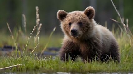 Wall Mural - Wild brown bear cub closeup