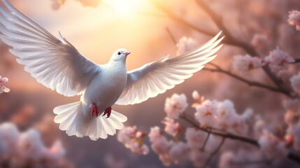 Wall Mural - White dove flying under sunlight with sakura trees in the background, serene nature scene