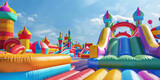 Fototapeta  - An image of a community event or festival with a colorful bouncy castle slide as one of the main attractionsg