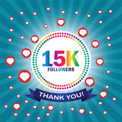 Thank you 15K followers card. Vector illustration for social networks, social sites post, greeting card