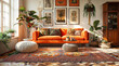 Modern chic orange living room with a sofa and pictures on the wall