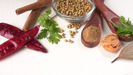 Dry coriander seeds with small bamboo spoon and green fresh bunch coriander leaves,famous spices ingredients in asia's kitchen.