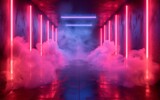 Fototapeta  - Surreal Photography of a hallway lined with 3D neon lights, dimly lit, fog 