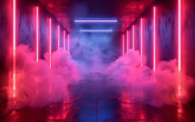 Wall Mural - Surreal Photography of a hallway lined with 3D neon lights, dimly lit, fog 