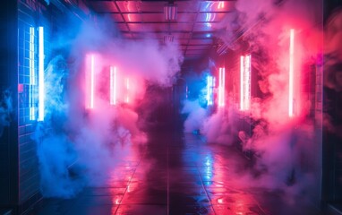 Poster - Surreal Photography of a hallway lined with 3D neon lights, dimly lit, fog 