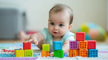 Wall Mural - A baby playing with colorful blocks and stacking them up.