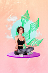 Poster - Vertical creative illustration photo collage concentrated young woman meditating athletic healthy yoga pilates aerobics pose sport balance