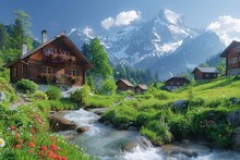A Picturesque Mountain Village With A Flowing Stream And A Charming Wooden House Generative AI
