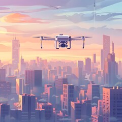 Poster - Futuristic Freight Drone Soaring Over Vibrant Cityscape with Innovative Urban Logistics Solutions
