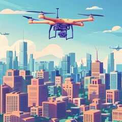 Poster - Futuristic Freight Drone Delivering Goods Over Innovative Urban Cityscape with Space for Logistics Solutions