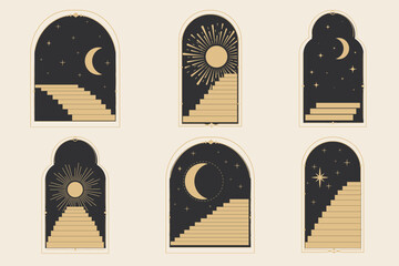 Wall Mural - set arch window line frame celestial, mystic with staircase, astrology symbols moon and sun, line bo