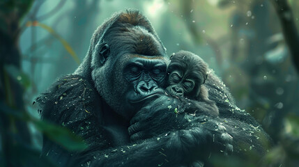 National Endangered Species Day gorilla with baby hugging Earth Day or World Wildlife Day concept. Save our planet, protect green nature and endangered species, biological diversity theme	
