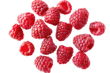 Falling fresh raspberries in motion, png isolated on transparent background, clipart, cutout.