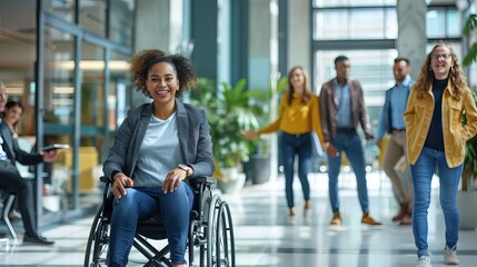 Diverse business team engaging in conversation in modern office lobby, highlighting smiling young woman in wheelchair