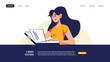Web page design with woman reading book. Vector illustration. Education, bookstore, knowledge, student concept.
