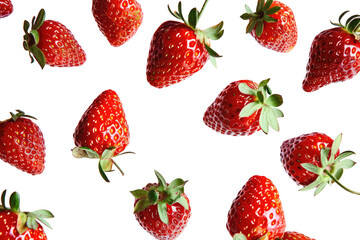 falling fresh strawberries in motion, png isolated on transparent background, clipart, cutout.