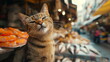 Street cat with piercing eyes sitting by fish on a market stall, exhibiting curiosity or guarding