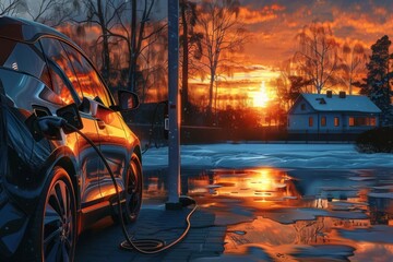 Wall Mural - Electric Car Charging at Home During Stunning Sunset, Eco-Friendly Transportation, Digital Painting