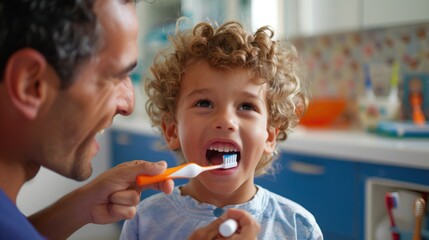 Wall Mural - A pediatrician demonstrating proper teeth brushing techniques to a child. 