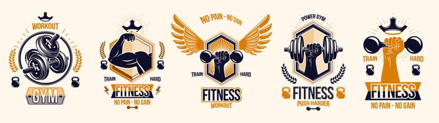 Wall Mural - Gym fitness sport emblems and logos vector set isolated with barbells dumbbells kettlebells and muscle body man silhouettes and hands, athletics workout sport club, active lifestyle.