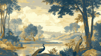 Wall Mural - A vintage wallpaper design with blue and beige colors, depicting an idyllic landscape scene with peacocks in the foreground. The background features trees and a river, creating a serene atmosphere.