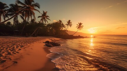 Wall Mural - Island palm tree sea sand beach. Panoramic beach landscape. Inspire tropical beach seascape horizon. Orange and golden sunset sky