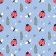 Spring and summer seamless pattern, simple design with ladybirds, insect, plants, decorative wallpaper