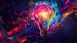 Colorful glowing light bulb lamp, visualization of brainstorming, bright idea and creative thinking and imagination, finding solution concept background