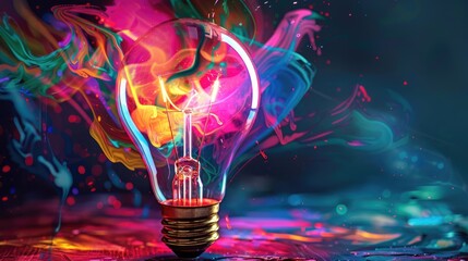 Sticker - Colorful glowing light bulb lamp, visualization of brainstorming, bright idea and creative thinking and imagination, finding solution concept background