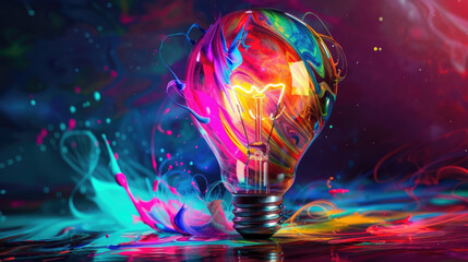 Canvas Print - Colorful glowing light bulb lamp, visualization of brainstorming, bright idea and creative thinking and imagination, finding solution concept background