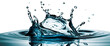 Blue water splash with small bubbles isolated on transparent and white background. PNG. The liquid flows in the form of a wave.	