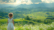 © OP38Studio - A little girl in a white dress is standing in a flower and field with blooming agricultural plants, Spring flowering and summer season. Beautiful Nature around us, generative ai