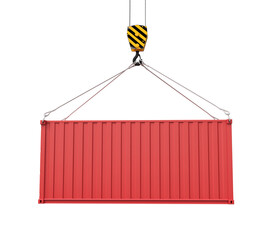Poster - 3d rendering of closed red cargo container suspended from crane, isolated on white background.